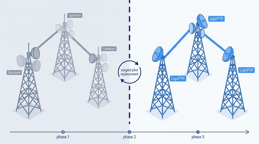 Diagram of staged pilot replacement from a Cambium installed base to LigoPTP: grey Cambium tower cluster on the left, a vertical dashed line in the center labeled staged pilot replacement, blue LigoPTP tower cluster on the right, and a three-phase rollout timeline along the bottom